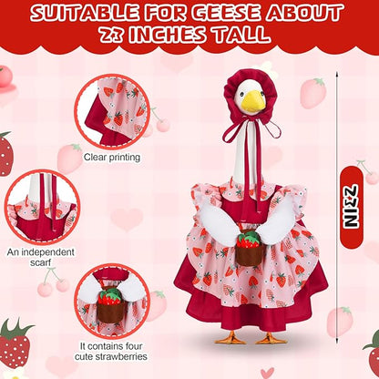 Abbylike Spring Porch Goose Outfit Strawberry Porch Goose Skirt Costume Clothes Fits Large 23'' Cement Statue for Summer Garden Outdoor Yard Lawn Patio Decorations