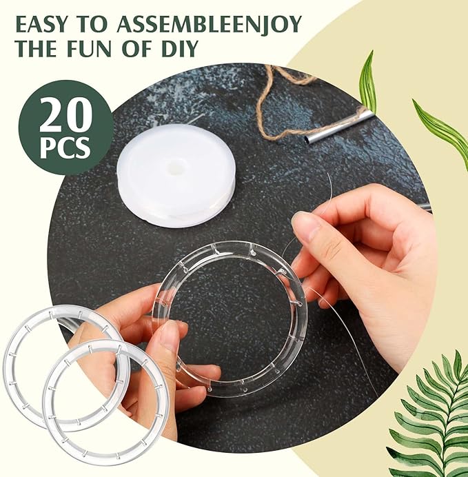 20 Pieces Wind Chime Supplies DIY Top Circles of Wind Chime Kit with 2 Volumes Line Top Circles for Outdoor Home Garden Patio (Transparent)