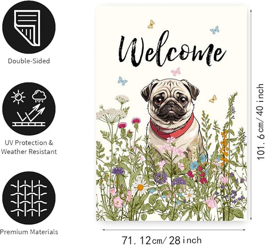 Floral Pug Garden Flag Spring Summer House Flags 28 x 40 Double Sided Flower Dog Yard Flags for Outside Large Outdoor Welcome Flags