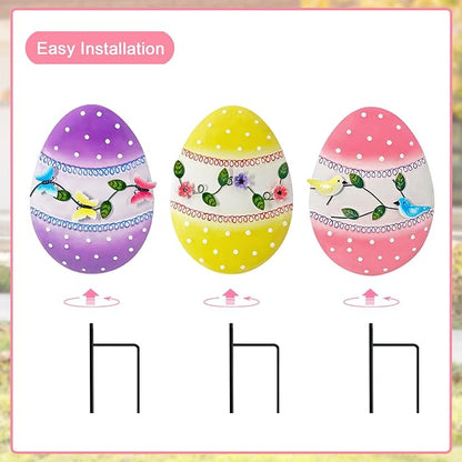 Easter Decorations Outdoor,3 Pack Metal Egg Yard Stake Signs for Outside,Cute Easter Happy Eggs Decorations Outdoor for Lawn,Garden Stakes for Spring