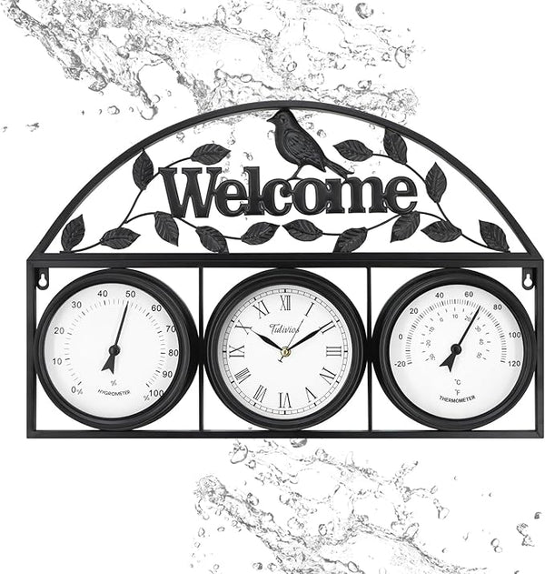 26Inch Large Outdoor Clock,Waterproof Wall Clock with Thermometer and Hygrometer Combo,Weatherproof Non-Ticking Battery Operated Decor Clock for Patio,Garden,Pool,Porch,House Warming Gifts