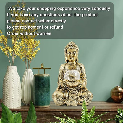 Nacome Meditating Buddha Statue with Solar Light,Zen Solar Garden Buddha with Cracked Glass Ball Sculpture-Indoor/Outdoor Decor for Balcony,Garden,Patio,Porch Yard Art Ornament,10.5 inch(Gold)