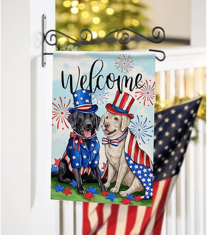 Welcome 4th of July Dog Patriotic Decorative Garden Flag, America USA Black Labrador Puppy Stars Stripes Yard Outside Decorations, American Summer Outdoor Small Home Decor Double Sided 12 x 18