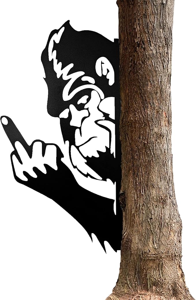 Bigfoot Middle Finger Metal Yard Sign – Funny Prank Decor, Peeking Sasquatch Tree Silhouette Outline, Peeping Wall Decoration