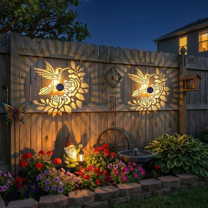 2 Pack Solar Fence Lights Outdoor Wall Lights Metal Solar Powered Deck Step Stair Lights Hummingbird Theme Waterproof Fence Solar Light for Garden Post Patio Yard Decor, Gardening Gifts for Women Mom