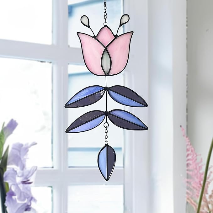 Pink Tulip Stained Glass Suncatcher, Folk Flower Stained Glass Window Hanging Sun Catcher, Healing Boho Decor, Handmade Flower Gifts for Indoor Window, 9.4" x 4.7"