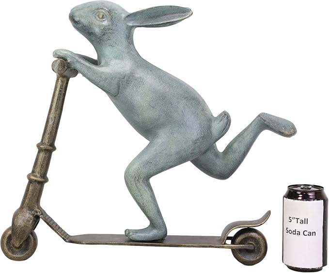 Ebros Gift Large Aluminum Metal Verdigris Whimsical Speedy Bunny Rabbit Riding On Scooter 3D Art Garden Stake Statue 18.25" Long for Outdoors Yard Pool Home Decorative Accent