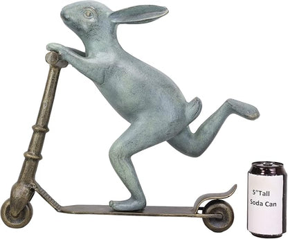 Ebros Gift Large Aluminum Metal Verdigris Whimsical Speedy Bunny Rabbit Riding On Scooter 3D Art Garden Stake Statue 18.25" Long for Outdoors Yard Pool Home Decorative Accent