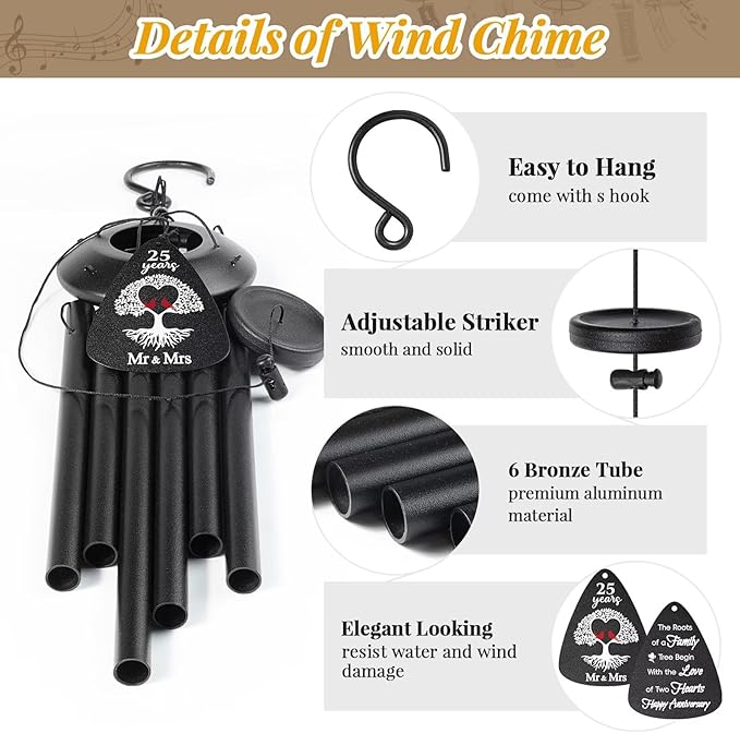 25th Anniversary Wind Chimes Gifts for Men Women,Romantic 25 Year Anniversary for Couples, Wife, Husband, Parents, Friends, 25th Wedding Gifts Idea of Happy Anniversaries Decorations,Black