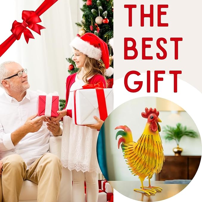 Metal Rooster Decor Statue, Colorful Farmhouse Chicken Figurine for Indoor Tabletop, Shelf Kitchen Display, Rustic Garden & Patio Accent, Unique Gift for Women Mom