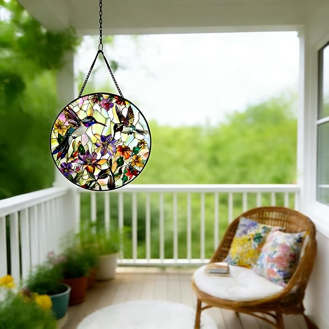 9.8In Hummingbird Stained Glass Window Hanging, Large Stained Glass Suncatcher for Indoor Home Decor, Vibrant Bird & Flower Window Suncatcher Ornament for Garden, Ideal Gift for Women Mom Bird Lovers
