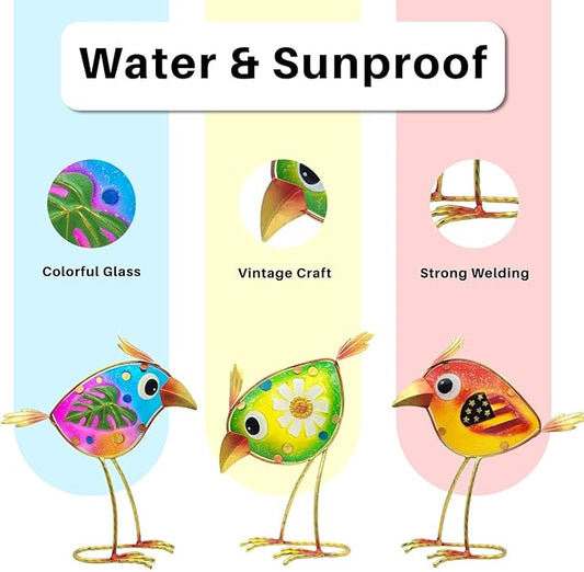 3 Pack Garden Outdoor Metal & Glass Bird Yard Art, Lawn Ornaments Outdoor Decor for Porch Patio, Housewarming Birthday Gifts for Grandma Mom Women
