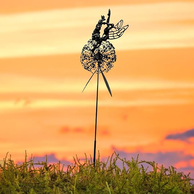 Flower Fairy Dancing with Dandelion Garden Sculpture,Angel Metal Ornaments Stainless Steel Statue Decorations,Wonderland Outdoor Yard Lawn Patio Stakes Sculptures Decor (E)