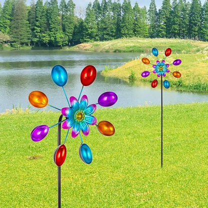 DREAMYSOUL Wind Spinners Outdoor, 10" Dia Colorful Metal Pinwheels for Yard and Garden, Kinetic Wind Sculptures & Spinner Outside (Red Flowers)