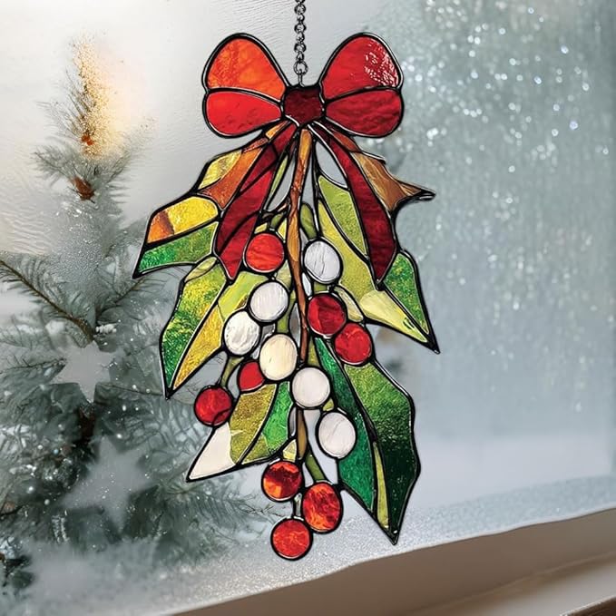 Mosaic Christmas Mistletoe Knot Acrylic Suncatcher Stained Glass Effect Window Car Hanging Christmas Ornament Indoor Outdoor Decor Garden Sun Catcher Panel for Women Mom Grandma