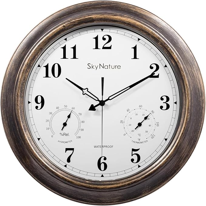 Outdoor Clocks Waterproof, 18 in Large Outdoor Clock for Patio w/Thermometer Hygrometer, Silent Battery Operated Decorative Vintage Outdise / Indoor Wall Clock for Living Room/Bathroom/Pool, Bronze