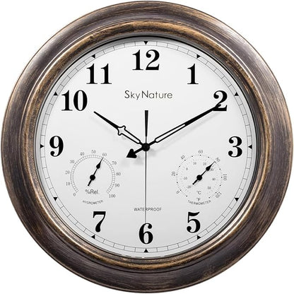 Outdoor Clocks Waterproof, 18 in Large Outdoor Clock for Patio w/Thermometer Hygrometer, Silent Battery Operated Decorative Vintage Outdise / Indoor Wall Clock for Living Room/Bathroom/Pool, Bronze
