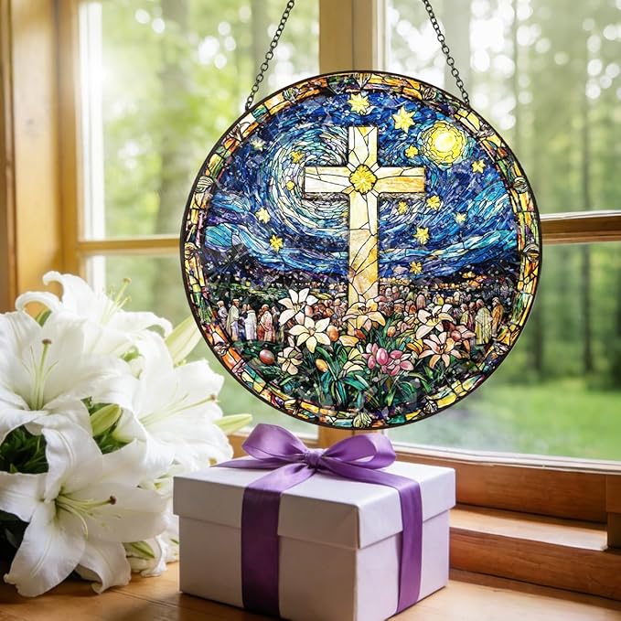 Christian Cross Stained Glass Hanging, 8 Inch Sun Catcher Outdoor Window Decor Religious Floral Glass Ornament with Chain for Easter Christmas Home, Mother's Day Christian Gifts