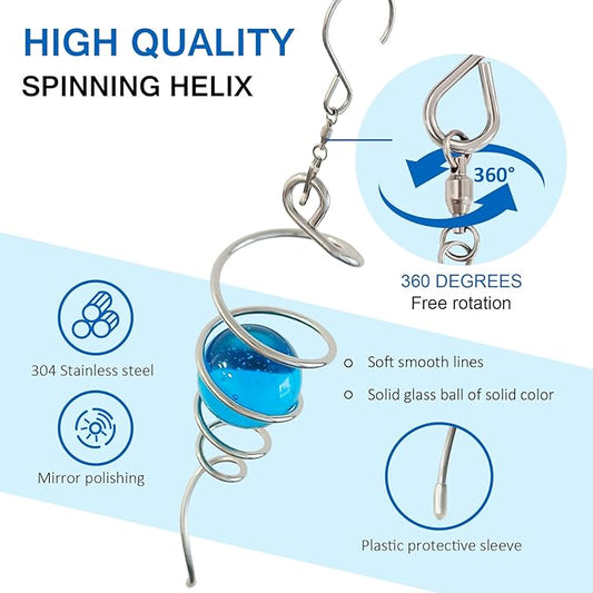 Gazing Ball Spiral Tail with Blue Glass Orb,Wind Spinner Tail Hanging Rotating Art Decor,Wind Spinners Stabilizer Sun Catcher,Wind Spinner Spiral Indoor Outdoor Garden Decoration-13in