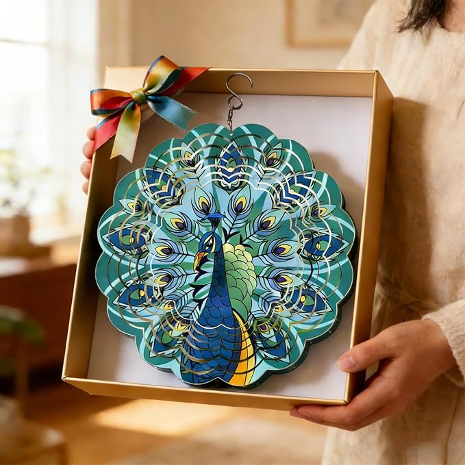 Peacock Metal Wind Spinner Outdoor 12 Inch 3D Hanging Wind Spinner for Outdoor & Indoor Decor, Garden Yard & Porch Ornament, Unique Kinetic Sculpture Gift for Women - Christmas Thanksgiving Decoration