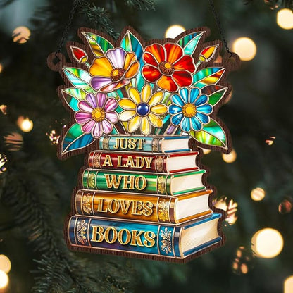 Jesuspirit - Window Hanging Suncatcher – Crystal Clear Acrylic & Wood Sun Catcher for Home Decor, for Women (Just A Lady Who Loves Books, 6 Inches)