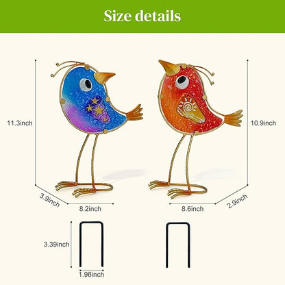 HONGLAND Garden Decor for Outside, Funny Metal & Glass Bird Decor Indoor Outdoor Set of 2, Yard Art Decorations with Housewarming Gift Idea, Colorful Garden Statues