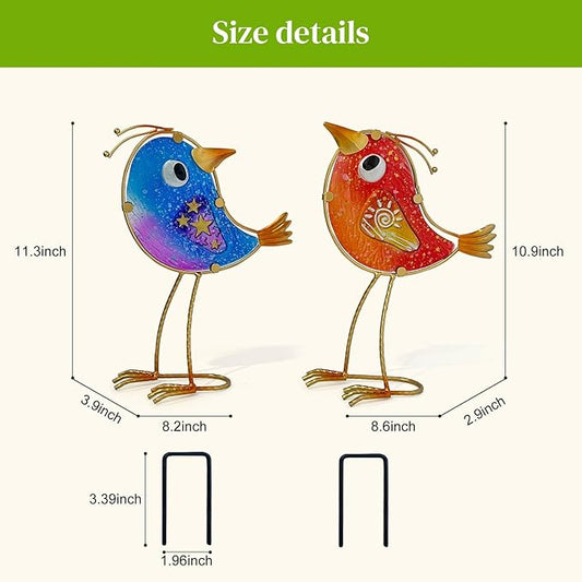 HONGLAND Garden Decor for Outside, Funny Metal & Glass Bird Decor Indoor Outdoor Set of 2, Yard Art Decorations with Housewarming Gift Idea, Colorful Garden Statues