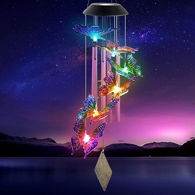 Solar Lights Outdoor Wind Chimes for Garden Yard Patio Porch Decor Hanging Butterfly Decorations, Birthday Gardening Gifts for Women