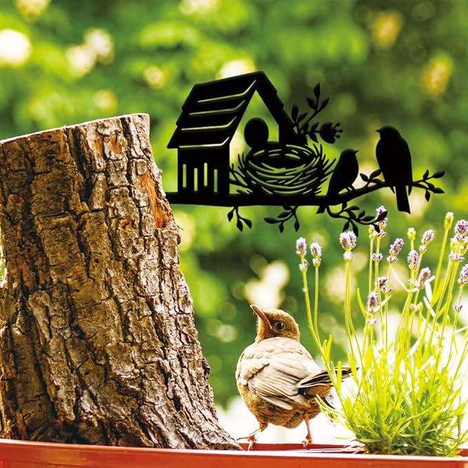 SUPERDANT A Bird's Nest on Branch Metal Garden Decor Birdie's Home Outdoor Garden Ornament Black Silhouette Outdoor Decor Animal Yard Stakes Decorative Metal Wall Art for Lawn Patio Gift for Gardeners
