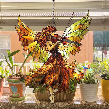 Music Angel Acrylic Suncatcher Stained Glass Effect Window Car Hanging Christmas Ornament Indoor Outdoor Decor Garden Sun Catcher Panel for Angel Lover for Women Mom Grandma