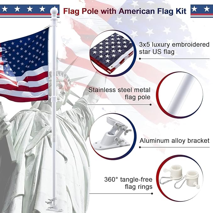 Flag Poles for Outside House with American Flag 3x5 - Flag Pole Kit includes 6ft Tangle Free House Flag Pole,Embroidered US Flag,Holder Bracket,Residential Flag Pole for House,Porch,Outdoor-White