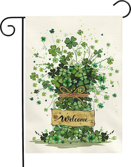 Spring Garden Flag 12x18 Inch Welcome Clover Design Double Sided Outdoor Yard Flags Seasonal Porch Patio Lawn Farmhouse House Banner Decorations for St Patricks Day and Everyday Home Décor