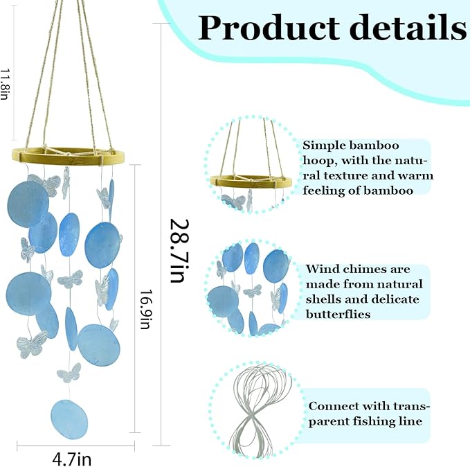 Wind Chimes Outdoor with Round Capiz Shells Butterfly,Ocean Theme Party Decorations Memorial Wind Chimes Suitable for Indoor Front Porch Garden Patio Decoration(Colorful 13inch)