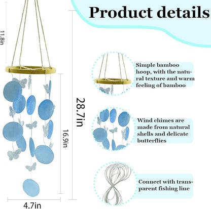 Wind Chimes Outdoor with Round Capiz Shells Butterfly,Ocean Theme Party Decorations Memorial Wind Chimes Suitable for Indoor Front Porch Garden Patio Decoration(Colorful 13inch)