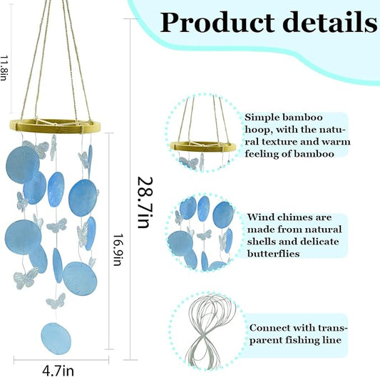 Wind Chimes Outdoor with Round Capiz Shells Butterfly,Ocean Theme Party Decorations Memorial Wind Chimes Suitable for Indoor Garden Patio Front Porch Decoration(White 13inch)