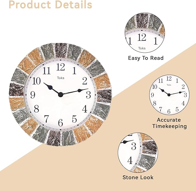 Lily's Home 10 inch Indoor or Outdoor Wall Clock Stone Frame Battery Operated Quartz Movement, Operated Decor for Family Room, Office, Game Room,Garden, Backyard, Pool