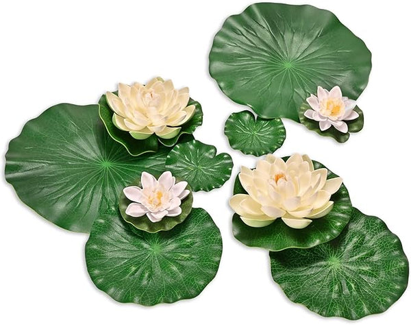 Fake Lily Pads, 10 PCS Artificial Lotus with Water Lily Pad, Realistic Water Floating Foam Lotuses Lily Pads, Artificial Floating Lotus Decor with Lily Pad for Home Outdoor Ponds
