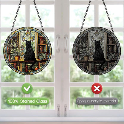 Stained Glass Window Hanging, 8 Inch Black Cat Suncatcher, Sun Catchers Indoor Window, Book Suncatchers for Windows Hanging, Spring Home Garden Librarian Decor Panel, Book Lover Gifts for Women Men