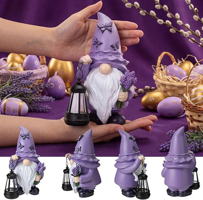 Capoda Solar Spring Gnome Statue 8" Garden Resin Gnome Figurine Holding Lantern with Solar LED Lights Decorations for Table Outdoor Yard Patio Lawn Porch Decor (Lavender)