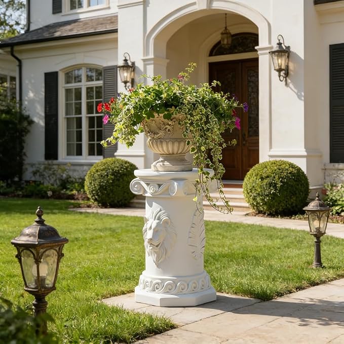 18" Tall Lion Statue Base Decorative Roman Column Pedestal, 18" English Rosette Indoor Outdoor Sculptural Garden Plinth Base Statue Riser, Sturdiness Plinth Base Statue Riser for Statues, Flower Pots, Decor