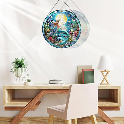 RIVEENY Mermaid Suncatcher Stained, Stained Glass Window Hanging, Mermaid Suncatchers for Windows, Hand Painted Glass for Ocean Lover 20cm/7.87inch