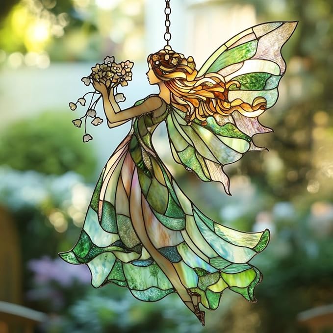 Elegant Forest Fairy Acrylic Suncatcher Stained Glass Effect Window Car Hanging Christmas Ornament Indoor Outdoor Decor Garden Sun Catcher Panel for Fairy Lover for Women Mom Grandma