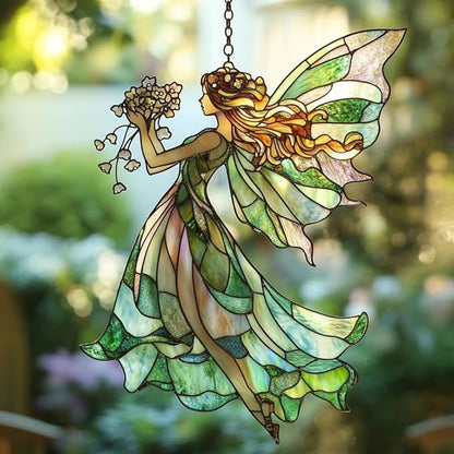 Elegant Forest Fairy Acrylic Suncatcher Stained Glass Effect Window Car Hanging Christmas Ornament Indoor Outdoor Decor Garden Sun Catcher Panel for Fairy Lover for Women Mom Grandma