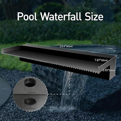 Pool Fountain Stainless Steel Pond Waterfall Spillway Kits for Indoor/Outdoor Decorative, 24 Inches Black Pool Water Feature for Garden Patio, Backyard Koi Pond Decor(No LED Light)