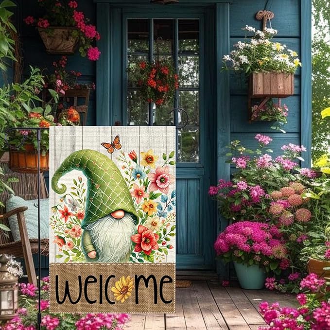 Gnome Garden Flags 12x18 Inch Double Sided Small Burlap Spring Summer Seasonal Holiday Wildflowers Home Outdoor Yard Lawn Welcome Buffalo Plaid Flag Decor