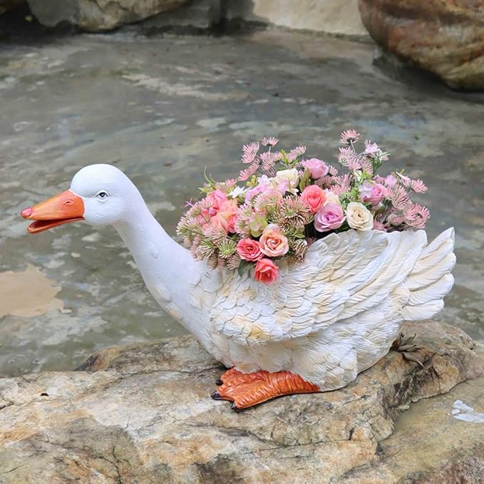 Garden Statues Outdoor Decor Balcony Figurine Outdoor Statues Outdoor Creative Duck Statue, Garden Lawn Floor Flower Stand Decoration, Garden Pond Animal Figurines, Unique Gift(53*28*32cm)