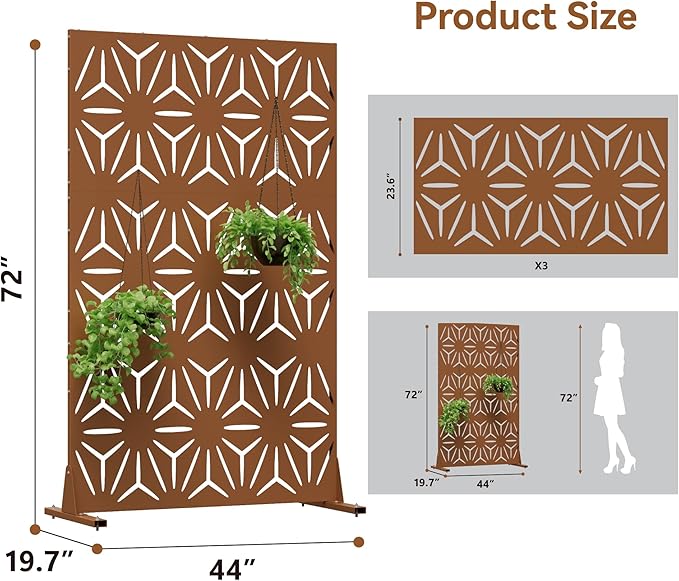 Metal Privacy Screen for Outdoor Freestanding Privacy Screens, 72" H x 44" W Patio Fence Panels with Stand, Portable Brown 3 Panel Screens for Outside Deck Balcony Garden and Indoor