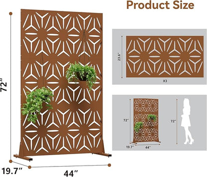 Metal Privacy Screen for Outdoor Freestanding Privacy Screens, 72" H x 44" W Patio Fence Panels with Stand, Portable Brown 3 Panel Screens for Outside Deck Balcony Garden and Indoor