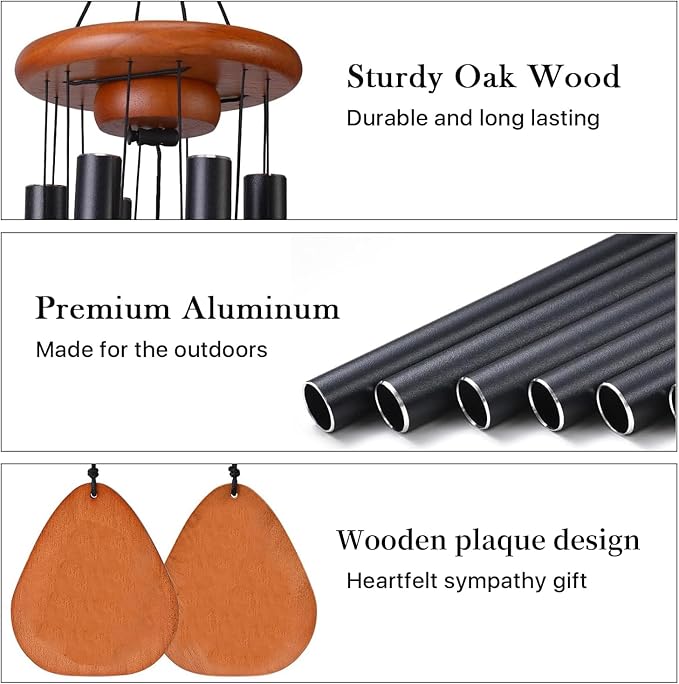 XinPaiHui 37 Inch Matte Black Wind Chime, 6 Heavy Aluminum Tubes Deep Tone Memorial Chime for Outdoor Garden Patio Decor, Sympathy Gift for Mom and Neighbor
