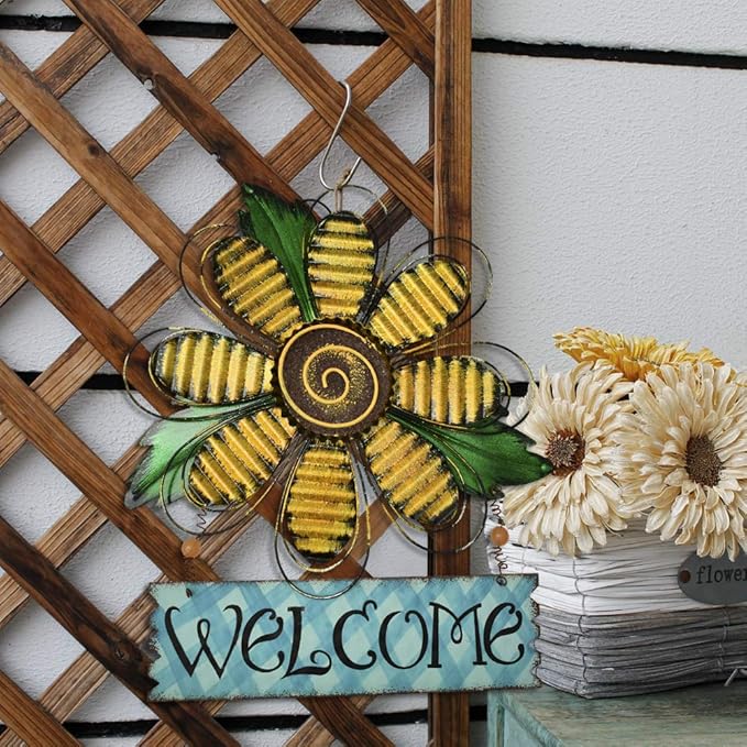 Hanging Welcome Sign Metal Flower Signs Wreath Decor Decorative Door Hanger Indoor Outdoor Spring Decoration for Porch Wall Front Door (Yellow)